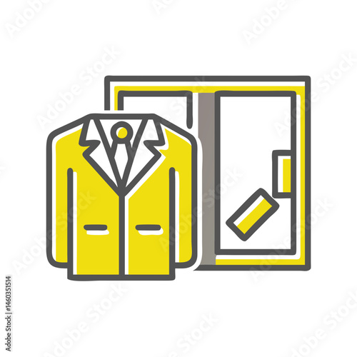 Suite icon with suit and wardrobe for hospitality accommodation concept with copy space