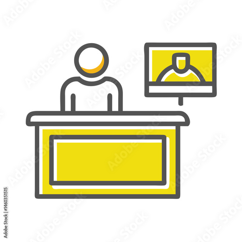 Reception desk icon with staff for hospitality service concept with copy space