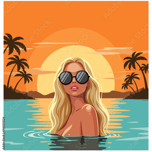 Serene vector flat illustration of a woman enjoying a tropical summer sunset in the water. Palm trees and warm hues create a relaxing vacation scene. Perfect for getaway designs
