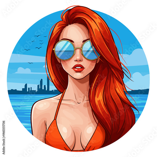 Sunny vector flat illustration of a woman enjoying her summer holiday at the beach. Vibrant tropical scene with palm trees and ocean. Perfect for vacation designs