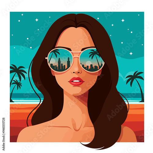 Sunny vector flat illustration of a woman enjoying her summer holiday at the beach. Vibrant tropical scene with palm trees and ocean. Perfect for vacation designs