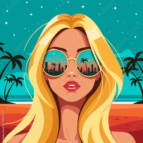 Sunny vector flat illustration of a woman enjoying her summer holiday at the beach. Vibrant tropical scene with palm trees and ocean. Perfect for vacation designs