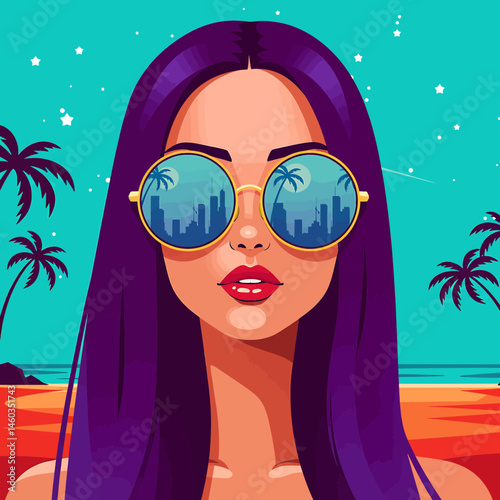 Sunny vector flat illustration of a woman enjoying her summer holiday at the beach. Vibrant tropical scene with palm trees and ocean. Perfect for vacation designs