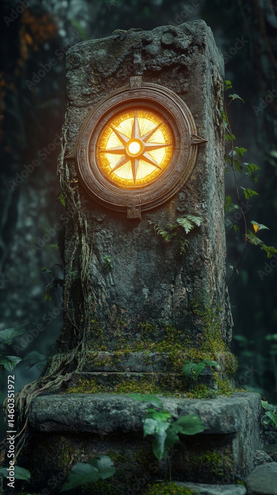 Ancient stone with a shiny compass with copy space vertically 9:16