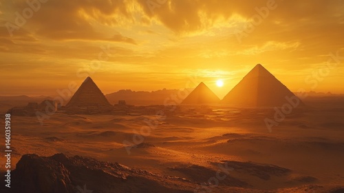 Golden sunset over ancient Egyptian pyramids.