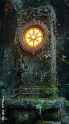 Ancient stone with a shiny compass with copy space vertically 9:16