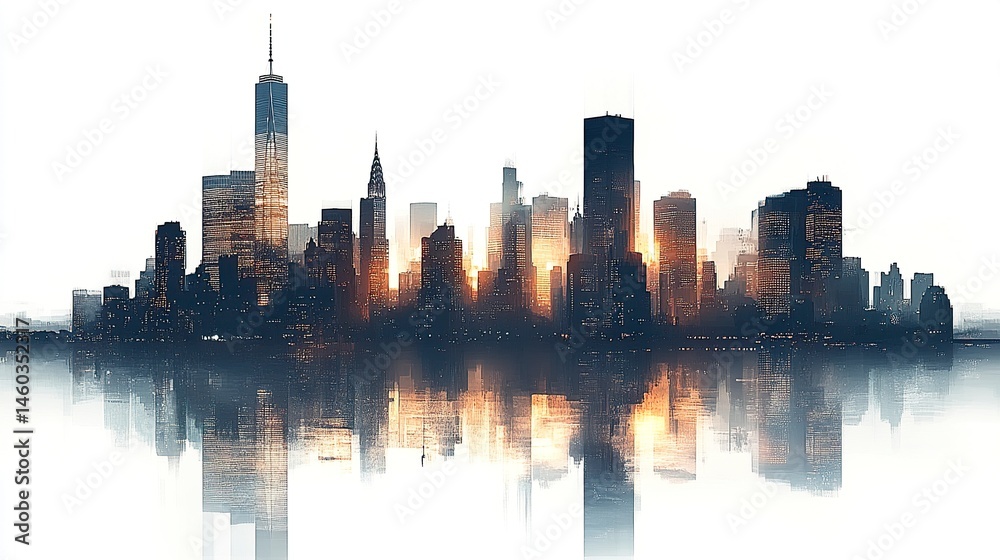 Obraz premium Illuminated Manhattan skyline at twilight, tall towers glowing over the reflective waterfront, panoramic perspective, white background focus. 