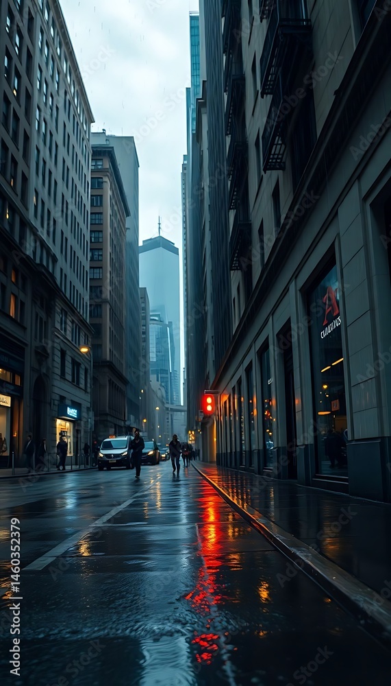 Obraz premium wet city street with people walking on it