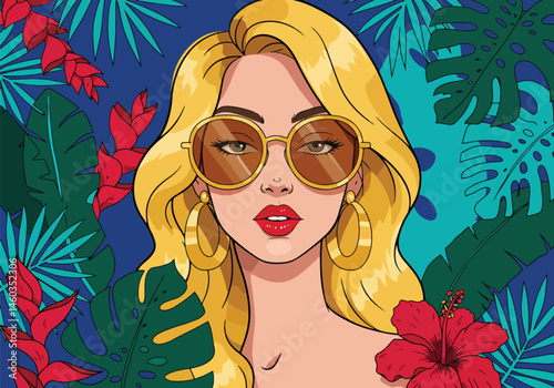 Vibrant vector flat illustration of a stylish woman embracing spring. Editorial fashion with tropical leaves and flowers. Perfect for fresh, modern background banner designs