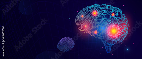 Digital Wireframe Brain With Glowing Pain Points Headache Symbolizing, Neural Discomfort On Futuristic Background. Ideal For Medical And Health Topics. Superwide Vector Illustration.