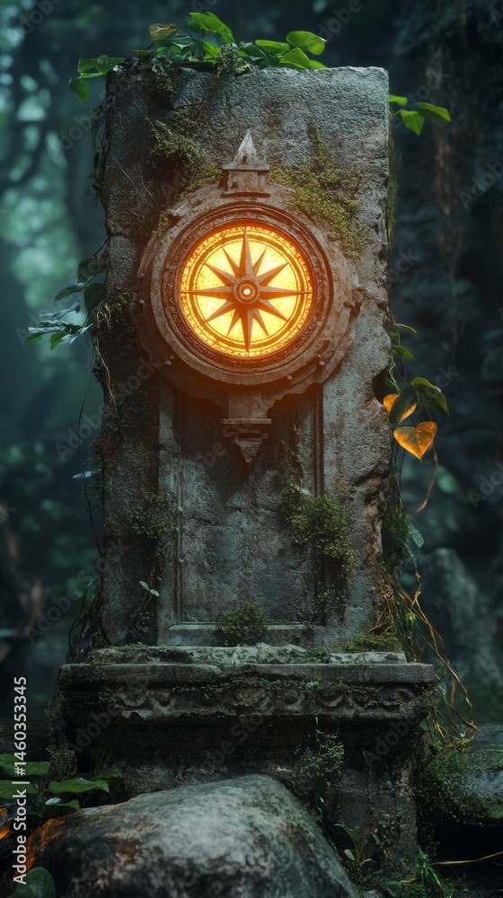 Ancient stone with a shiny compass with copy space vertically 9:16