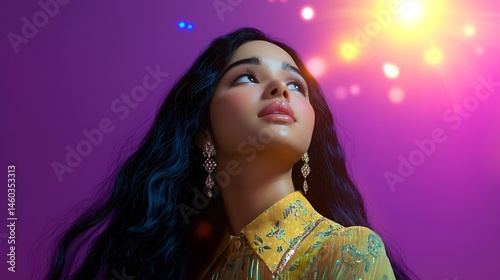 3d Render of a Beautiful Woman With Long Hair Looking Up Towards Purple Sky Bright Light Surrounding Her As She Embraces Happiness and Lifestyle With Jewellery Shining In Coloured Background