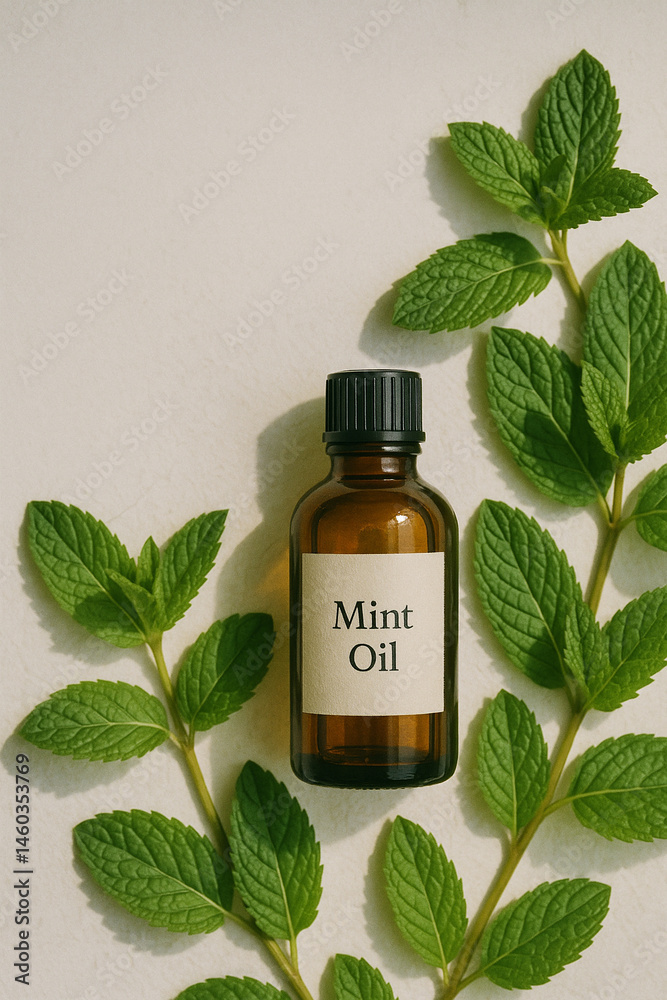 Mint oil bottle with fresh green leaves in natural homeopathy style