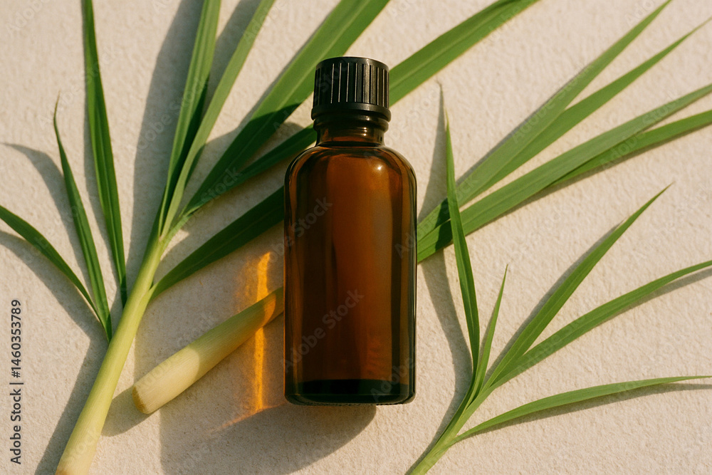Lemongrass essential oil bottle on natural surface with botanical styling