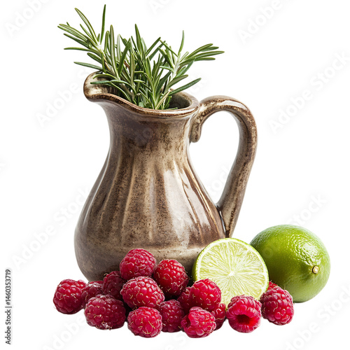 Raspberries, Rosemary, and Lime in a Ceramic Jug Isolated on Transparent Background