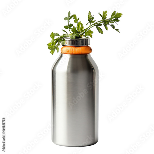 Stainless Water Bottle with Parsley Isolated on Transparent Background