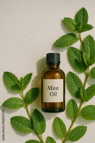 Obraz na płótnie Mint oil bottle with fresh green leaves in natural homeopathy style w salonie