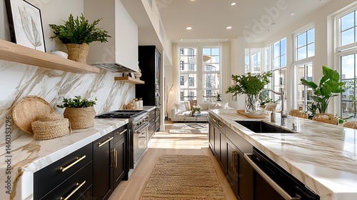 Modern Kitchen with Marble Countertops and Black Cabinets