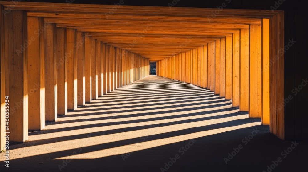 Fototapeta premium Outdoor hallway with alternating shade and light through slats