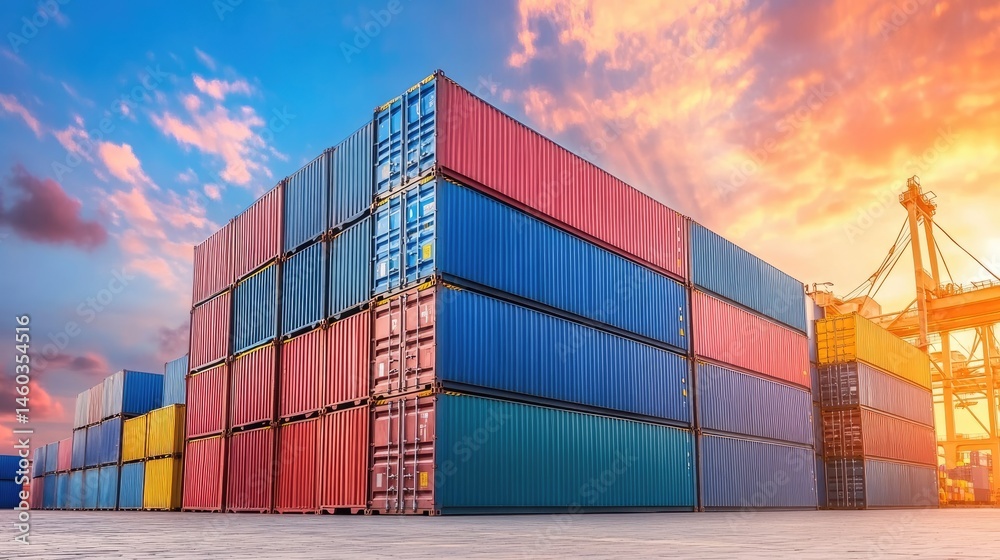 Fototapeta premium Shipping containers stacked at port, symbolizing carbon-tracked imports