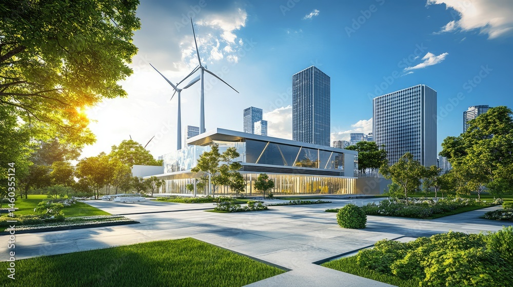 Naklejka premium Wind turbines operating behind modern industrial complex