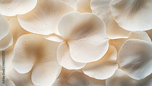 Delicate, soft, ivory petals. Close-up view of many overlapping, pale cream rose petals