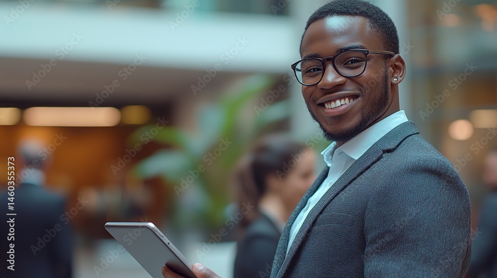 Fototapeta premium Man in a sleek suit smiling while holding a tablet, mid-angle view, blurred office background with colleagues interacting. 