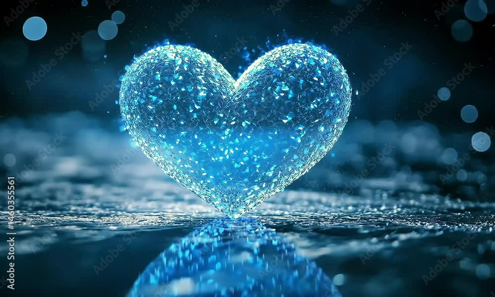 A luminous, icy-blue heart floats above a reflective surface, shimmering with light particles