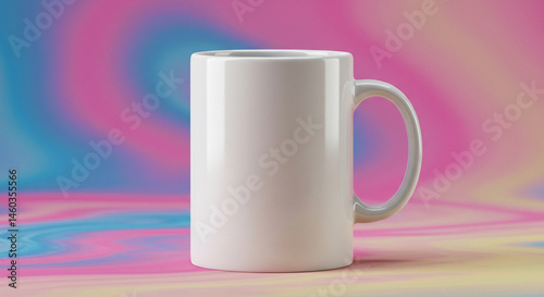 White coffee mug mockup on abstract pastel pink, blue, yellow smooth wave background. Blank cup for branding. Drinkware template, soft colorful art.