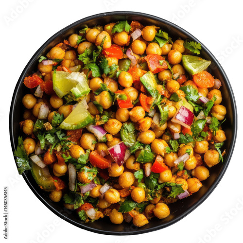 A bowl filled with chickpea salad with tomatoes onions and cilantro