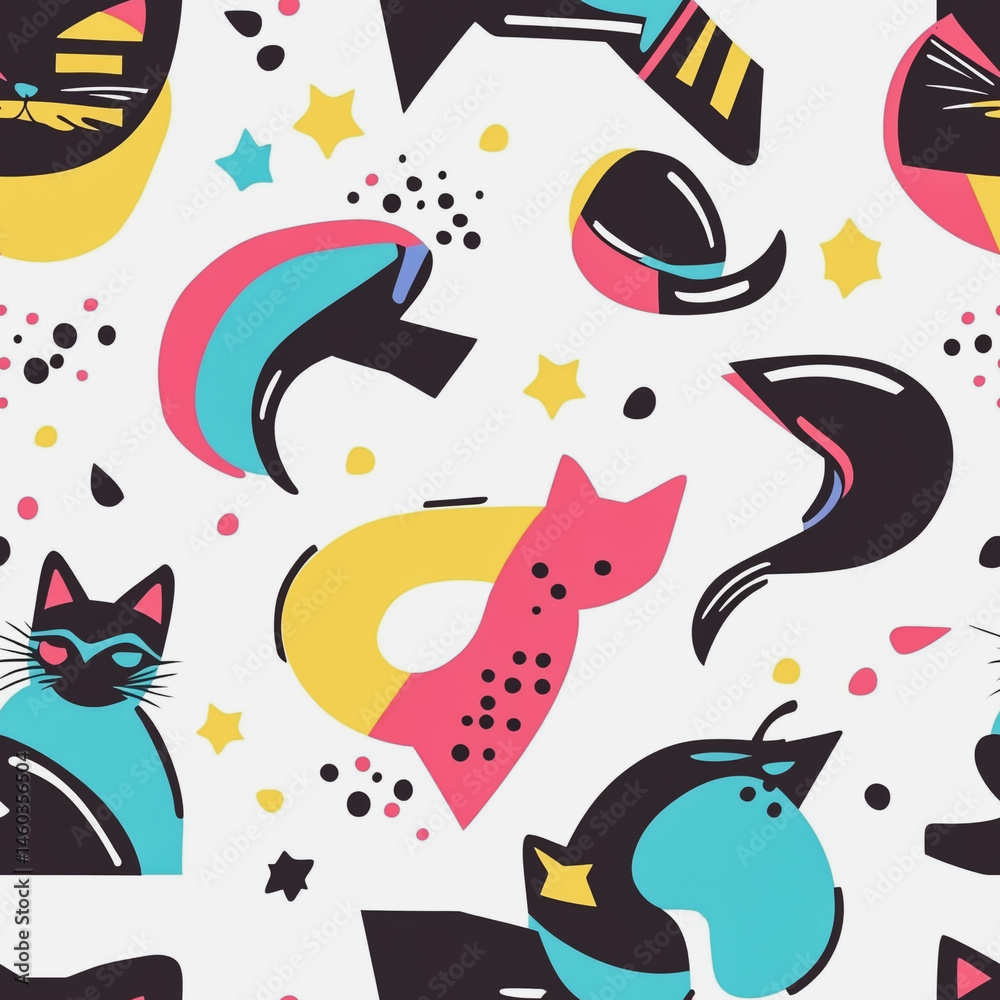 Fototapeta premium Memphis cat colorful style seamless pattern. Creative minimalist style art background for children or trendy design with basic shapes. Simple childish scribble backdrop white background
