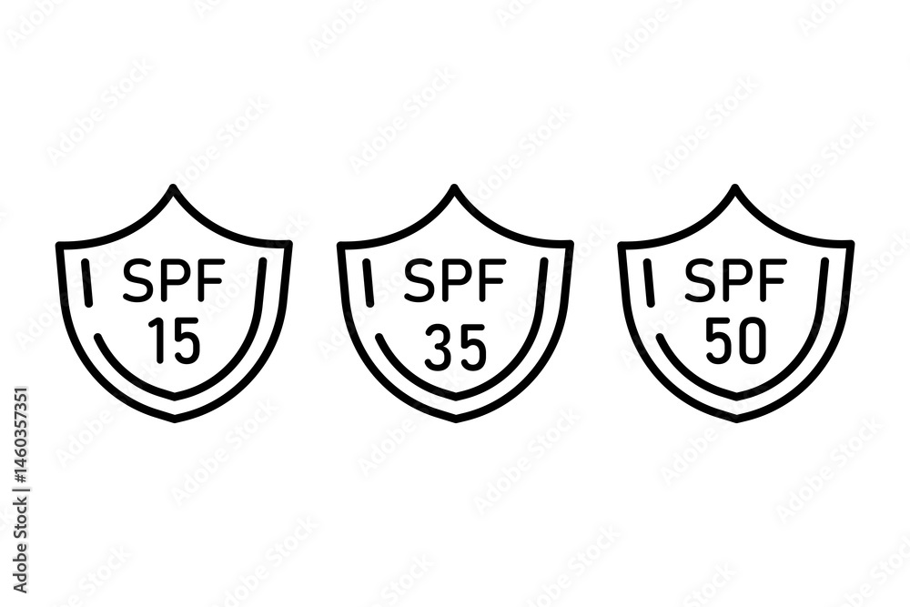 SPF levels icon. Number fifteen thirty five. Fifty protection marks. Vector sunblock shields