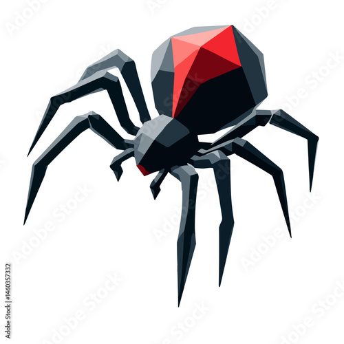 Low poly black spider with red geometric back in 3D style on white background