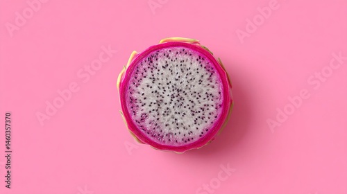 Cross-section of pink dragon fruit against pink background, showcasing vibrant color and intricate seed pattern, representing exoticism and freshness