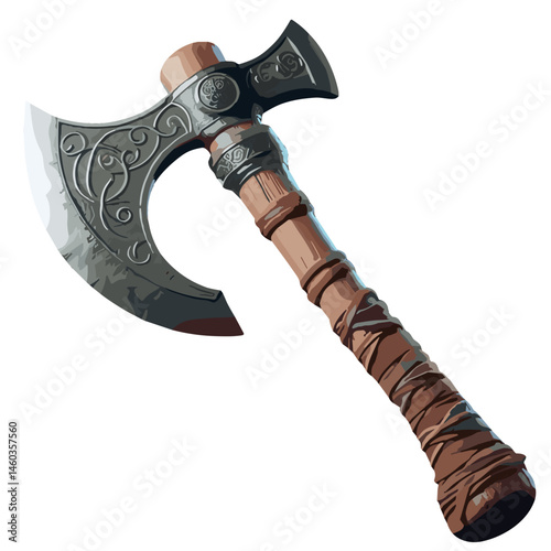 Stylized Viking axe with engraved blade and leather handle in 3D game art style on white background