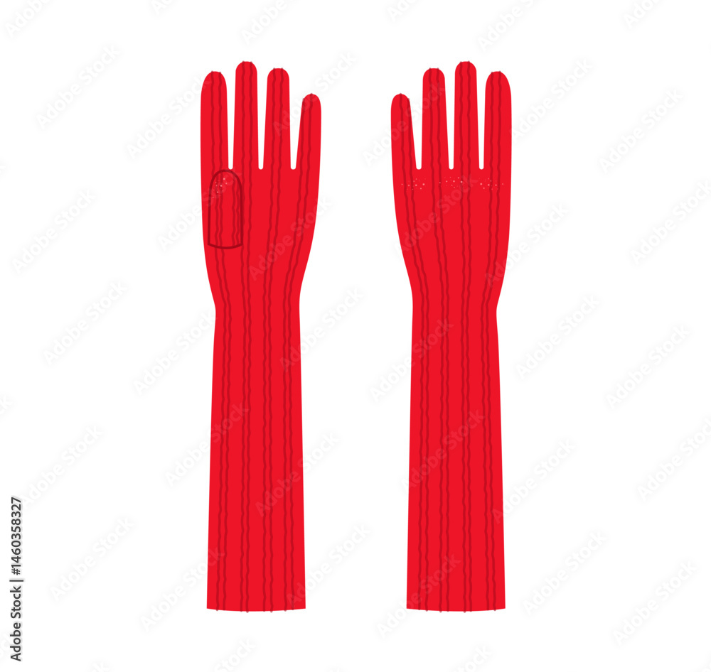 Obraz premium Knit Wool Gloves Elbow length red cartoon Fashion hand accessory clothing technical illustration garment. Vector front palm back view for Men women unisex style flat template CAD on white background