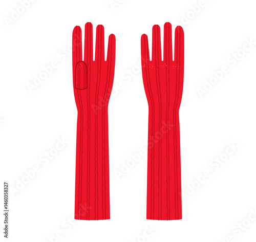 Knit Wool Gloves Elbow length red cartoon Fashion hand accessory clothing technical illustration garment. Vector front palm back view for Men women unisex style flat template CAD on white background