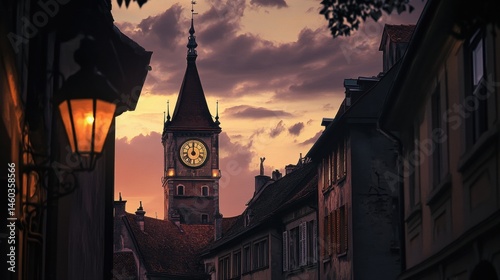 A picturesque town clock tower at dusk.