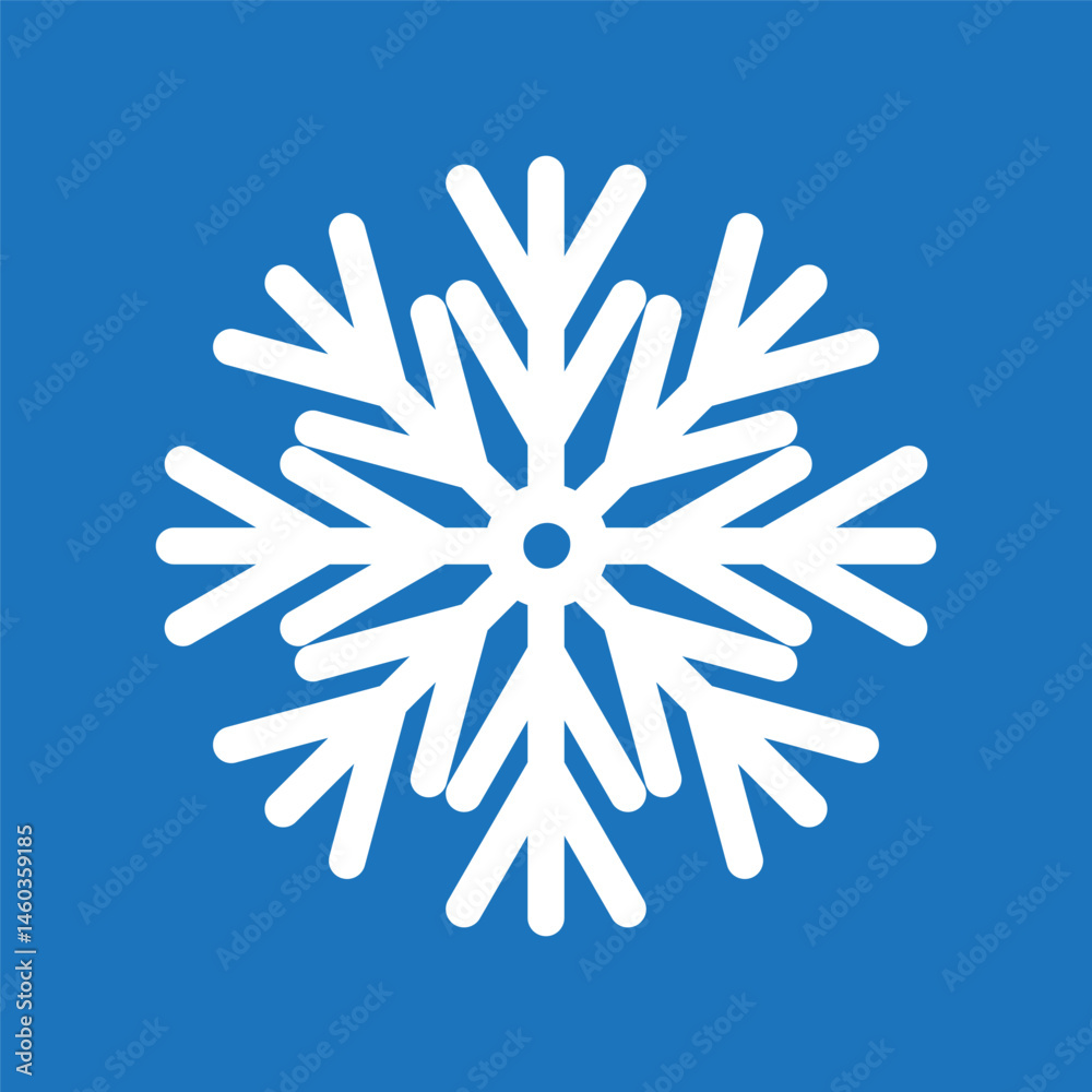 Snowflake icon. Cold weather symbol. Ice flake vector. White shape on blue.