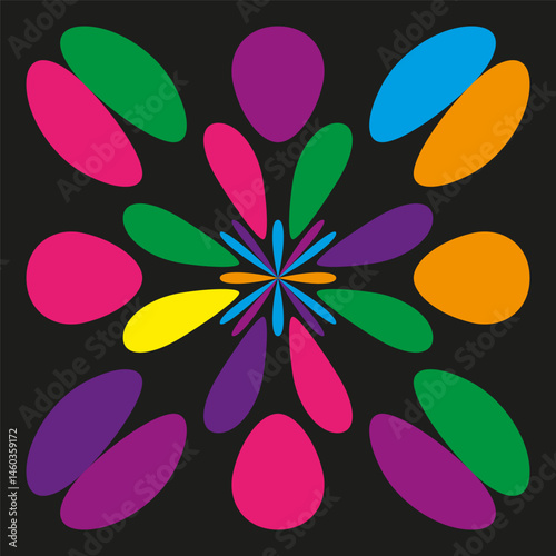 Colorful mandala artwork. Bright petal ornament. Vector floral explosion. Black background design.