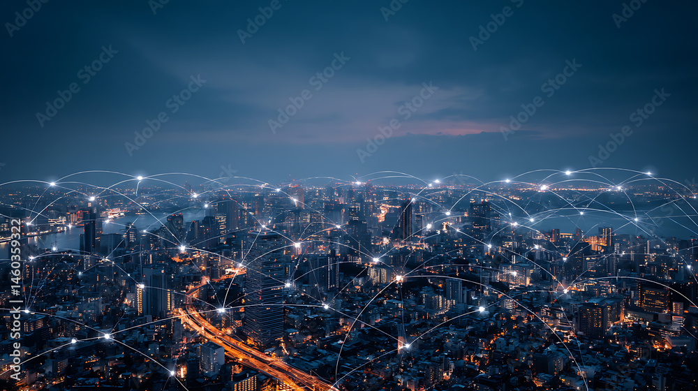 Fototapeta premium Big data connection technology, cityscape telecommunication and communication network concept, smart city and digital transformation