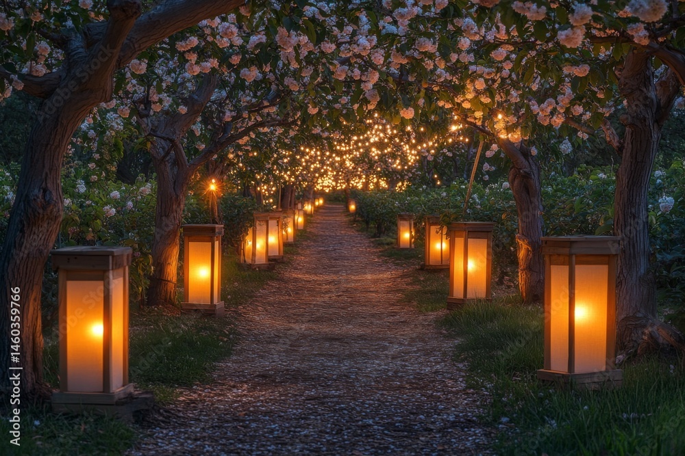 Obraz premium Night lantern alley with blooming cherry trees in full blossom