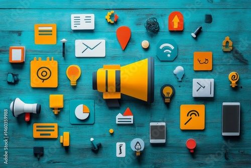 Abstract 3D icons and elements of social media and digital communication