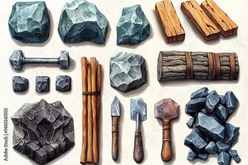 Set of assorted natural stones and wooden tools arranged on white background