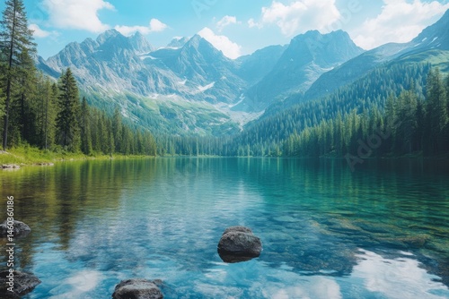 Scenic view of lake and pine forest with snowy mountains