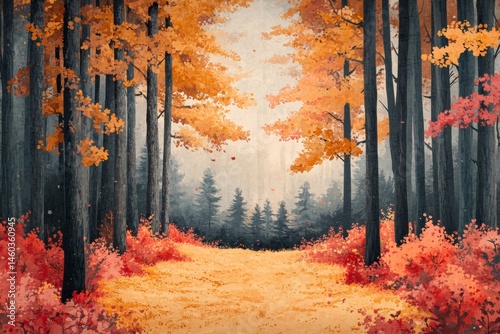 Autumn forest path with red and orange leaves under soft sunlight