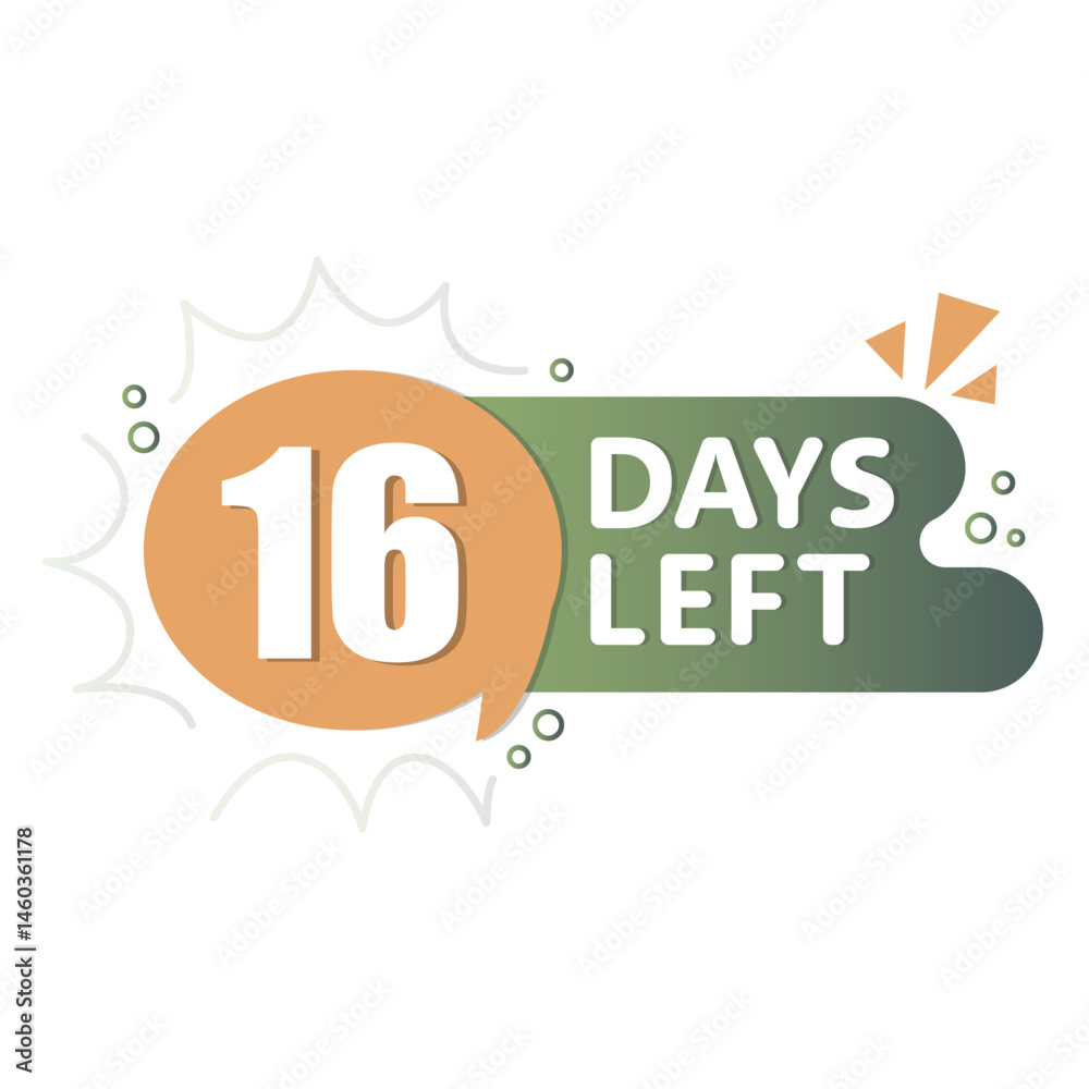 16 days timer. Countdown vector bubble. Gradient orange green. Reminder speech icon.