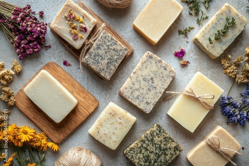 Collection of handmade organic soaps in various colors on display