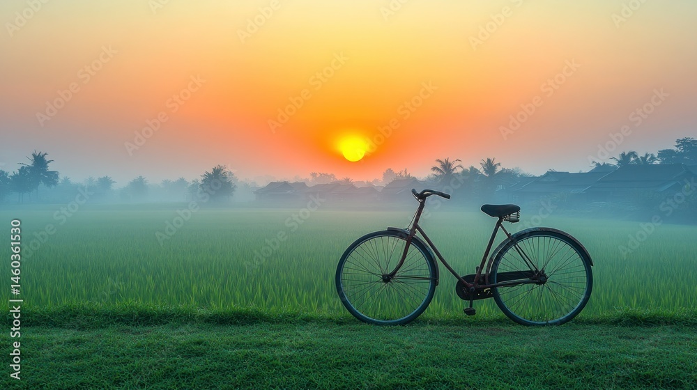Obraz premium Vintage bicycle in a misty rice paddy sunrise