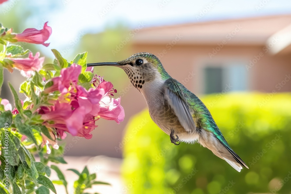 Fototapeta premium A hummingbird feeds on pink flowers in a garden, showcasing its vibrant green and iridescent feathers.